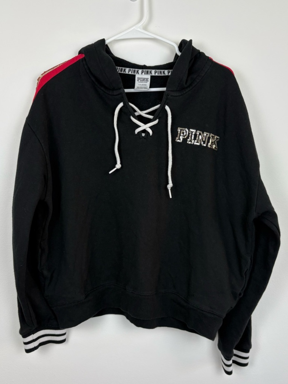 Victoria's Secret PINK Black Hoodie w/ Sequined Rose McBling 2010s size Large - Picture 4 of 8